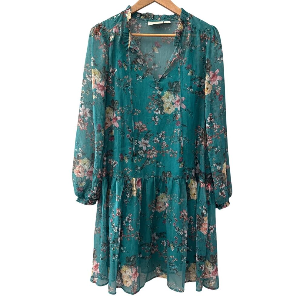 Anthropologie Maeve Emmy Floral Tunic Long Sleeve Sheer Dress Teal Size Small - Picture 5 of 12